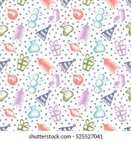 Seamless vector pattern with cute hand drawn fir trees, snowmen, gifts, christmas toys, snowflakes. Colorful seasonal winter background  Graphic illustration