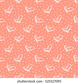 Seamless vector pattern with cute hand drawn hearts and dots. Red background. Graphic illustration