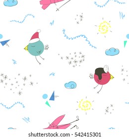 Seamless vector pattern with cute hand drawn birds and winter theme. Children vector background good for kid's room, clothes, toys, greeting cards, wrapping