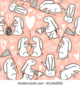 Seamless vector pattern  with cute hand drawn rabbits and hearts. Creative romantic texture