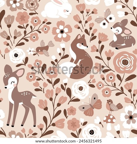 Seamless vector pattern with cute hand drawn woodland animals and flowers. Perfect for textile, wallpaper or print design.
