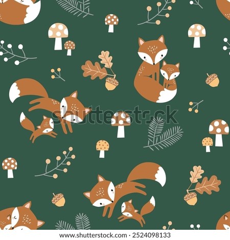Seamless vector pattern with cute hand drawn fox family, mushroom, acorn and leaves. EPS 10 vector file. Perfect for textile, wallpaper or nursery print design.