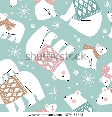 Seamless vector pattern with cute hand drawn polar bears in winter clothes. Perfect for textile, wallpaper or nursery print design.
