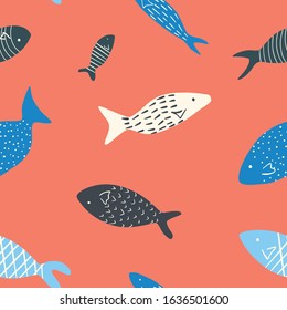 Seamless vector pattern with of cute hand-drawn fish. Creative scandinavian kids texture for wrapping paper, fabric, textile, gender-neutral kid nursery design