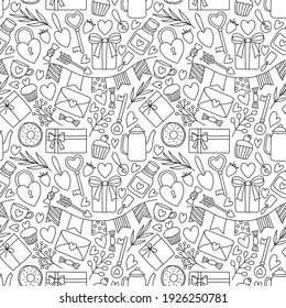 A seamless vector pattern with cute hand-drawn elements in the doodle style. An illustration for creating wallpaper, textiles, gift packaging for a wedding or valentine's day.