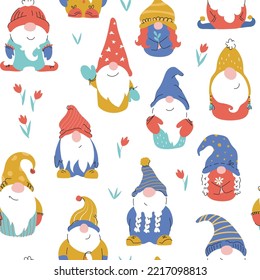 Seamless vector pattern with cute hand-drawn dwarf cartoon characters