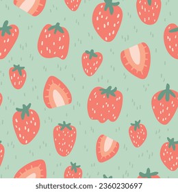 Seamless vector pattern with cute hand-drawn whole and sliced strawberries in pink and green on a soft sage background. Fun food illustration great for gift wrap, accessories, packaging, paper goods.