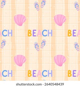 Seamless vector pattern with cute hand-drawn beach elements: shells, flip flops, ocean waves in pastel colors. Perfect for summer textiles, kids clothing, wrapping paper, and wallpaper
