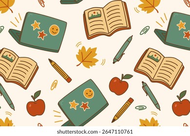 Seamless vector pattern with cute hand-drawn school supplies, autumn leaves, and apples in warm colors. Perfect for back to school, stationery, fabric prints, kids designs, and educational materials