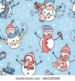 Seamless Vector Pattern With Cute Happy Snowmen. Christmas Theme Hand Drawn Texture. Festive Winter Background For Kids Room Decor, Card, Print, Poster, Advertising, Fabric, Wrapping Paper, Packaging.