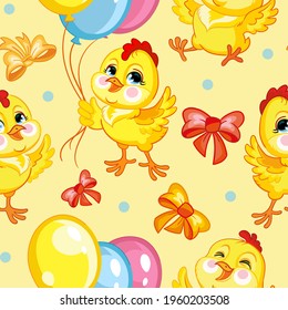 Seamless vector pattern with cute happy chickens with balloons. Colorful illustration vector background birthday concept. For print, t-shirt, design, wallpaper, decor, textile,packaging