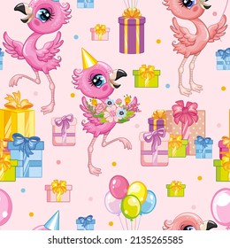 Seamless vector pattern with cute happy flamingo with balloons and presents. Colorful illustration vector background birthday concept. For print, linen, design, wallpaper, decor, textile, packaging