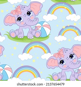 Seamless vector pattern with cute happy elephant and rainbow isolated on blue background. Colorful vector illustration. For print, linen, design, wallpaper, decor, textile, packaging, kids apparel