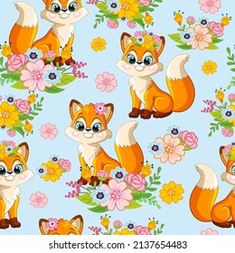 Seamless vector pattern with cute happy foxes and flowers isolated on blue background. Colorful vector illustration. For print, linen, design, wallpaper, decor, textile, packaging, kids apparel