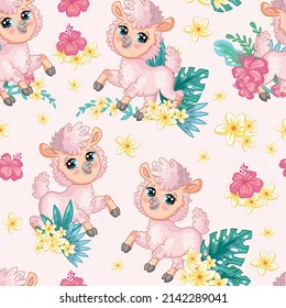 Seamless vector pattern with cute happy llama and flowers isolated on pink background. Color cartoon vector illustration. For print, linen, design, wallpaper, decor, textile, packaging, kids apparel
