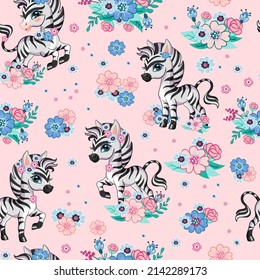 Seamless vector pattern with cute happy zebra and flowers isolated on pink background. Cartoon vector illustration. For print, linen, design, wallpaper, decor, textile, packaging, kids apparel