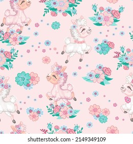 Seamless vector pattern with cute happy llama and flowers isolated on pink background. Cartoon vector illustration. For design, linen, wallpaper, decor, textile, packaging, kids apparel