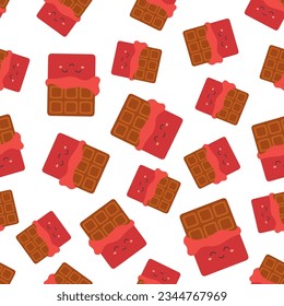 seamless vector pattern with cute happy chocolate bars , funny candy characters, cartoon print for textile, wallpaper, wrapping paper