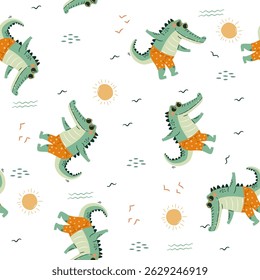 Seamless vector pattern. Cute happy crocodile in swimming trunks and sun glasses, summer elements on white background 