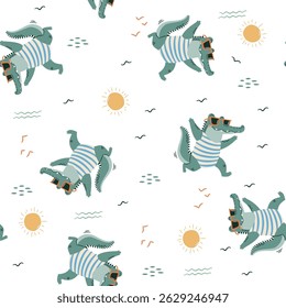 Seamless vector pattern. Cute happy crocodile in swimming trunks and sun glasses, summer elements on white background 