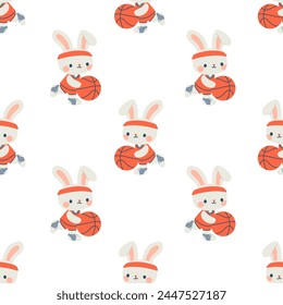 Seamless vector pattern. Cute hare in uniform playing basketball. Flat vector illustration in children's style on white background 