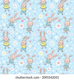 Seamless vector pattern with cute hares, hearts and flowers.
