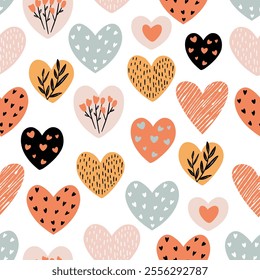 Seamless vector pattern with cute hearts and flowers, Flat vector illustration on white background