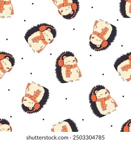 Seamless vector pattern. Cute hedgehog in scarf listening to music in headphones. Cute winter New Year illustration 