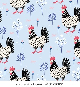 Seamless vector pattern with cute hens and chickens surrounded by flowers and plants. Playful pastel background.