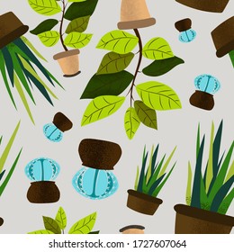 Seamless vector pattern of cute home plants on a gray background. Great for textiles, wallpapers, postcards and other designs.