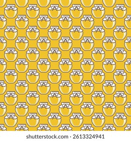 Seamless vector pattern of cute honey jars with bows in outline style on a yellow background. Great for honey product packaging and kitchen textiles.
