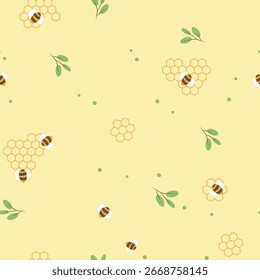 Seamless vector pattern with cute honey bees, honeycombs, and small green leaves on pastel yellow background for spring and summer design