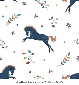 Seamless vector pattern, cute horse surrounded by beautiful plants
