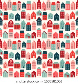 Seamless vector pattern with cute houses.