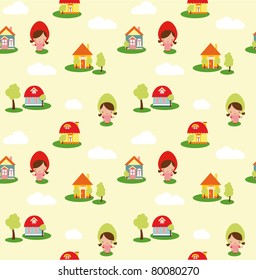 Seamless Vector Pattern of Cute Houses and Girls