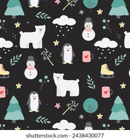Seamless vector pattern with cute ice skating penguins, polar bears and snowflakes background. Perfect for textile, wallpaper or nursery print design.