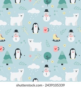 Seamless vector pattern with cute ice skating penguins, polar bears and snowflakes background. Perfect for textile, wallpaper or nursery print design.