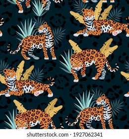 Seamless vector pattern with cute jaguar and palms