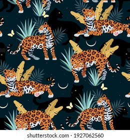 Seamless vector pattern with cute jaguar and palms