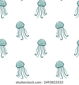 Seamless vector pattern Cute jellyfish with a smiling face. pattern for children's products on white background. Sea animal. Underwater life.