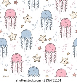 Seamless vector pattern with cute jellyfishes and starfishes. Hand drawn summer background for kids room decor, apparel,  nursery art, print, fabric, wallpaper, textile, packaging, wrapping paper.