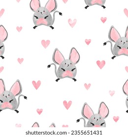 Seamless vector pattern with cute jerboas and hearts. Baby print