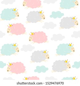 Seamless vector pattern with cute jumping sheeps in the sky with clouds. Illustration for babytextile design and other