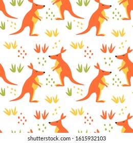 Seamless vector pattern. Cute Kangaroo or Wallaby, flowers and doodle elements. Hand drawn background.