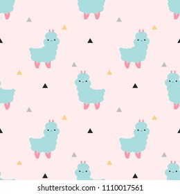 Seamless vector pattern with cute kawaii alpacas and triangles, perfect for wrapping paper, backgrounds, banners, etc.