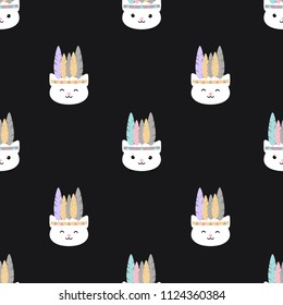 Seamless vector pattern with cute kawaii cat heads with a feather crown on black background. Perfect for wrapping paper, backgrounds, etc.