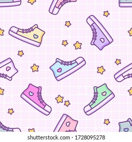 Seamless vector pattern with cute kawaii sneakers, stars and checkered background. Pastel child print with shoes on fabric, wrapping paper, textile, wallpaper. Cartoon doodle linear 80s-90s style