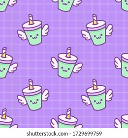 Seamless vector pattern with cute kawaii drink with straw. Pastel child print on fabric, wrapping paper, textile, wallpaper, background. Cartoon doodle linear illustration in 90s style