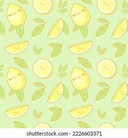 Seamless vector pattern with cute kawaii lemons.