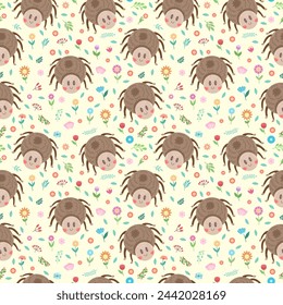 Seamless vector pattern with cute kawaii spiders on a light background.